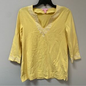 Lilly Pulitzer Women's 3/4 Sleeves Embroidered Trim Yellow Top Size S